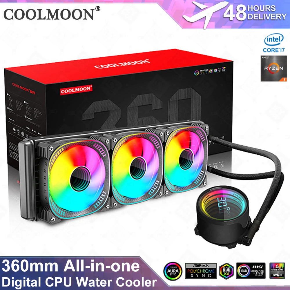 COOLMOON CPU Water Cooler All in One Digital Real Time Temperature CPU Block 360mm Radiator with 3 120mm RGB Fans 1800RPM