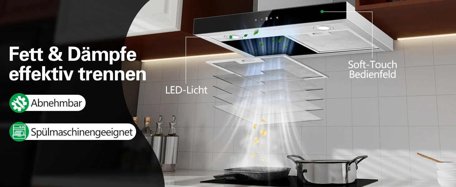 Topstrong 60 cm Wandmontage, 400 m3/h A+++, LED-Touch-Control-Abluftventilator aus Edelstahl, leise, 52 dB, Küchenhaube – Detail 4