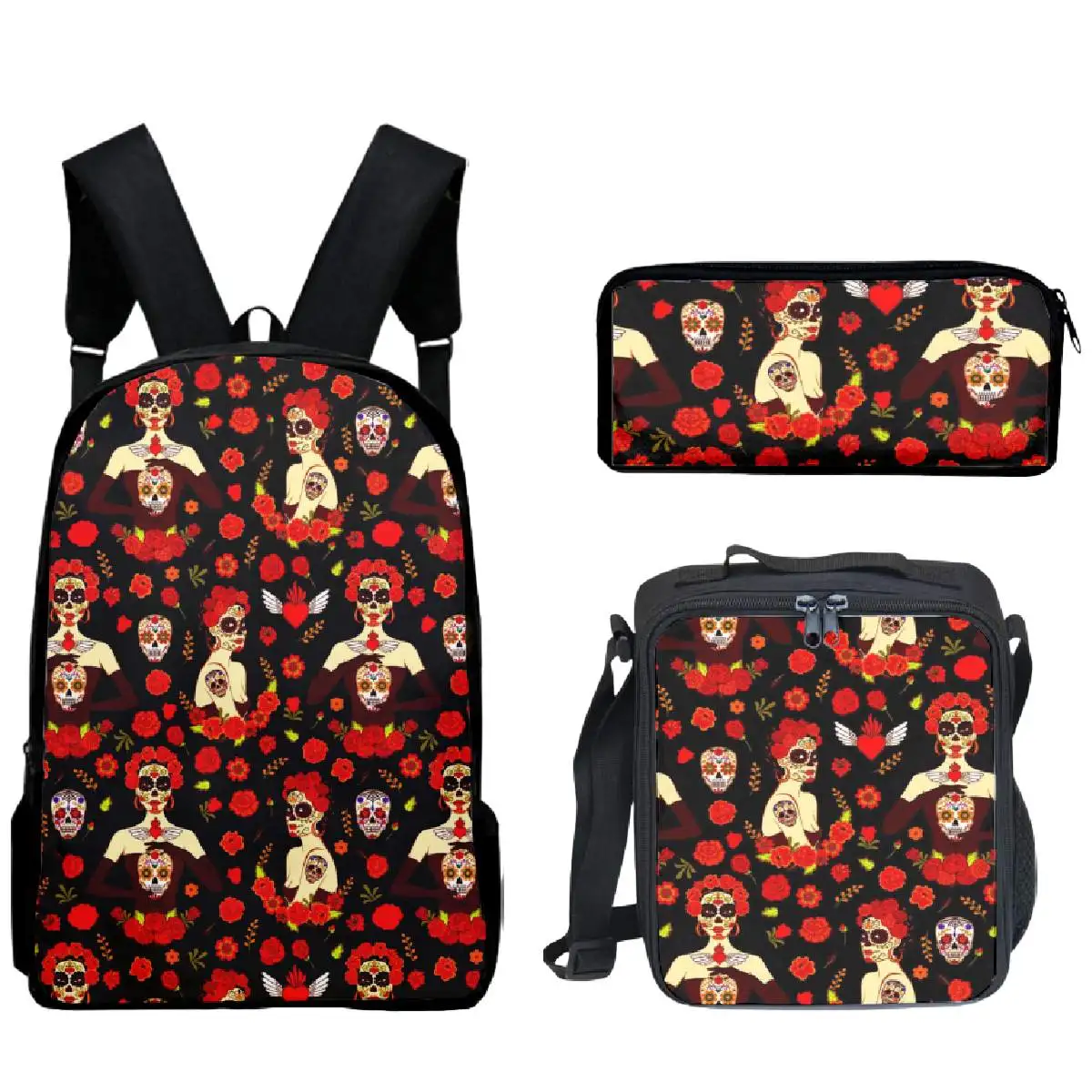 Blumen schädel 3 Stück Rucksack 3d gedruckt Skelett Kunst Studenten Jungen Mädchen Schult asche Lunch Bag Frauen Männer lässig Reise Laptop-Tasche