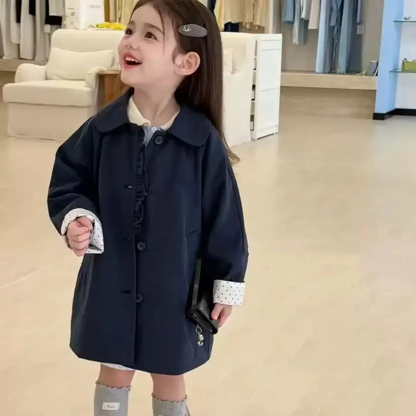 Girls Baby Trench Coat Spring Autumn New Style Children's Korean Collar Bow Coat Cardigan Soft Cotton Outerwear for Kids