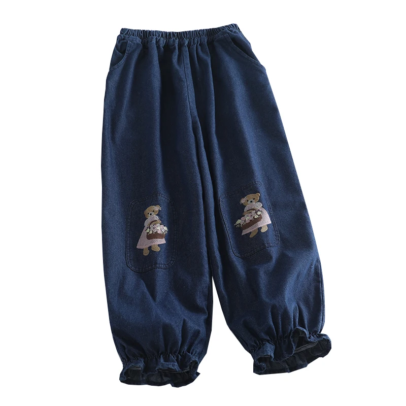 

New Sle Lace Trimmed Lantern Jeans Women's Fre Bear Embroidery Patched Cuffed Bloom Pants Trendy Casual Trousers