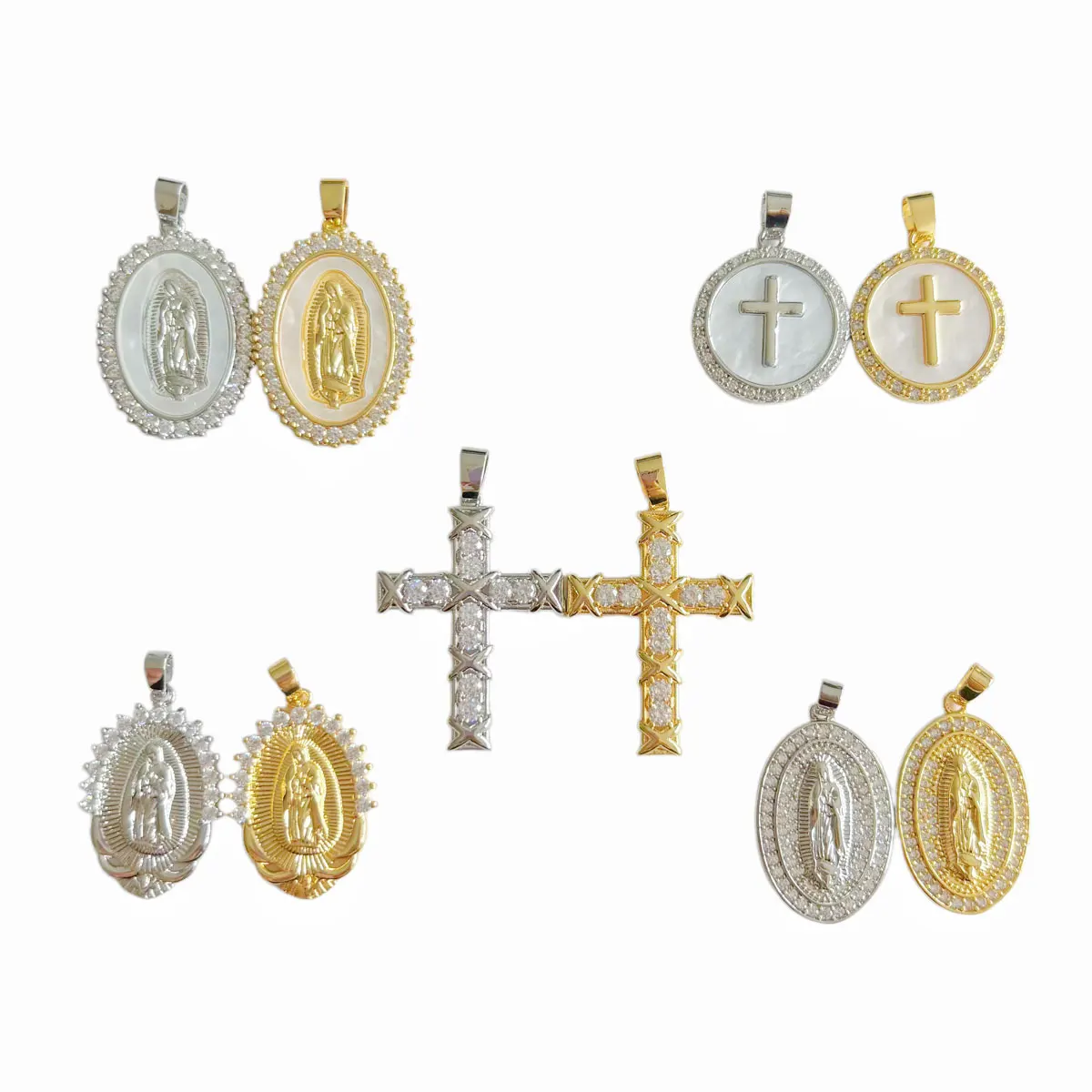 5pcs Set Our Lady of Guadalupe & Cross Pendant Micro Pave Zircon Copper Charms for DIY Necklace Jewelry Making