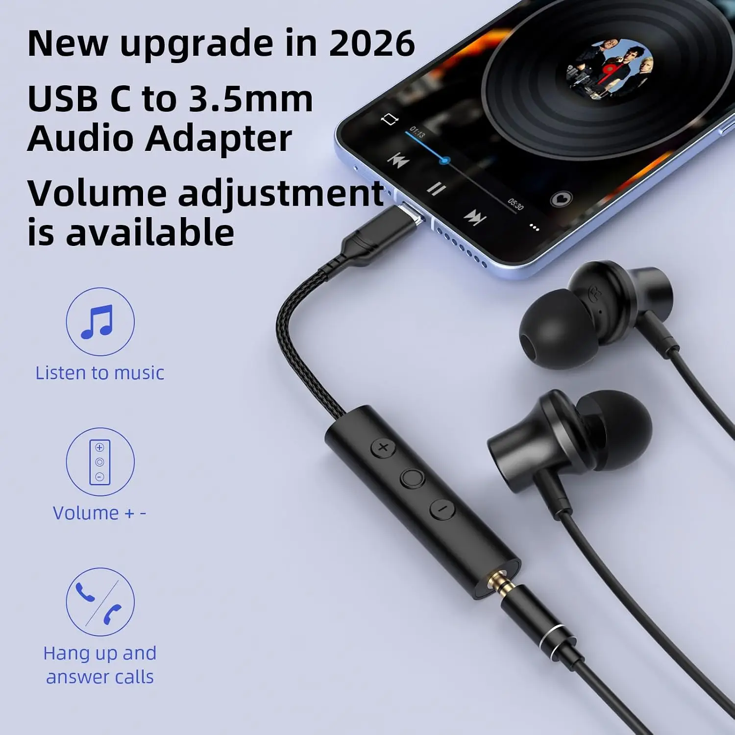USB-C to 3.5mm Audio Jack Headphone Adapter with Volume Control Type-C to 1/8