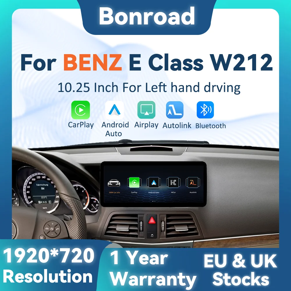 BONROAD 1920*720 10.25 Car Multimedia Touch Screen Wireless CarPlay Android Auto Radio GPS Stereo For Mercedes Benz E Class W212 Mirroring Airplay Autolink Navigation Display
