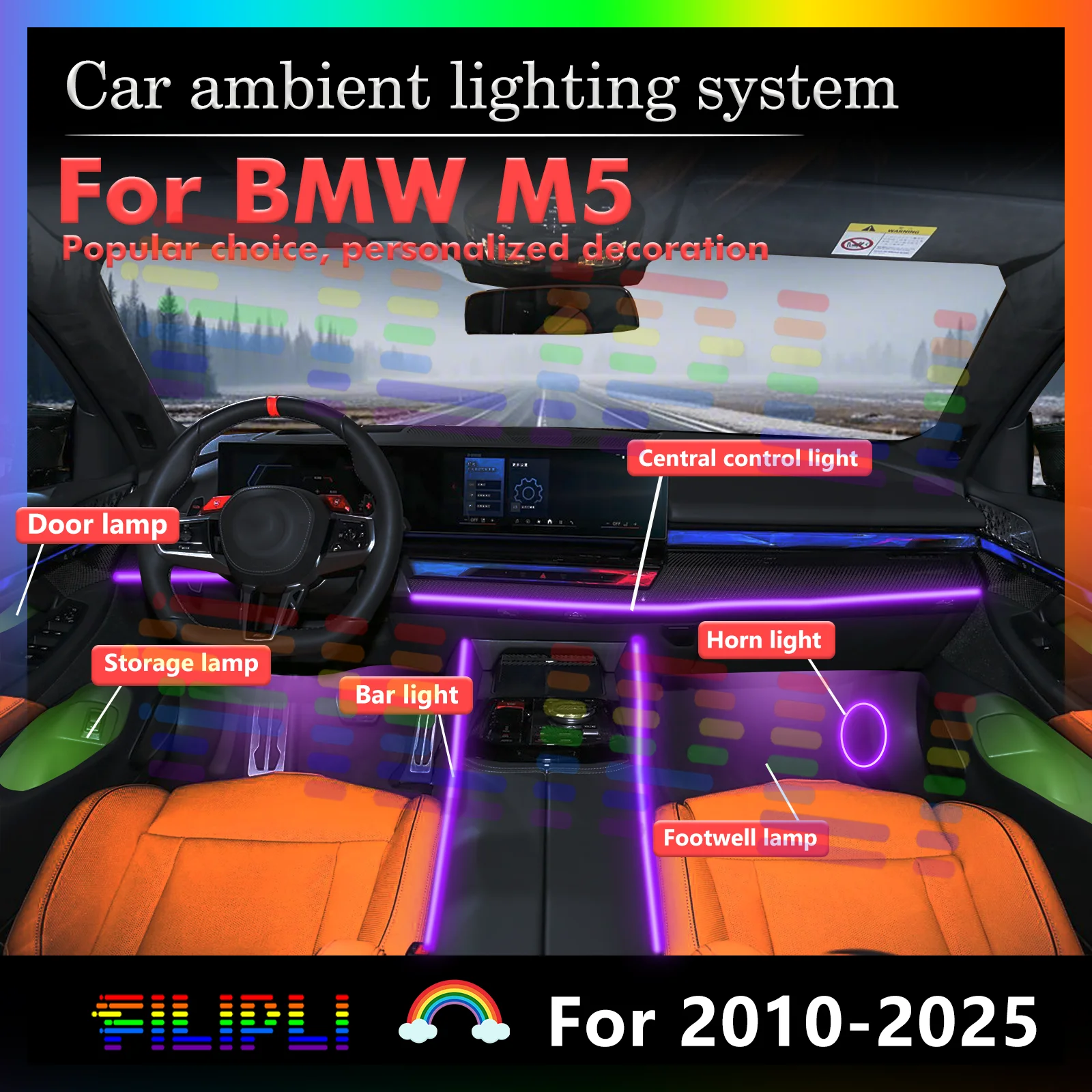 

For BMW M5 Car Interior Mood Ambient Light RGB 64-Color LED Smart Remote Control Atmosphere Lamp Energy Saving Set