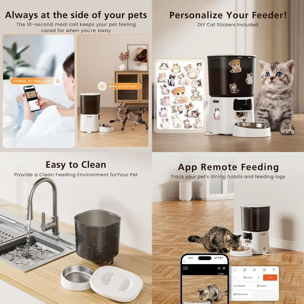 

Умная кормушка для домашних животных с камерой, емкостью 4 л, Wi-Fi, HD 1080P, ночным видением, голосовым вызовом, обнаружением движения, двойным питанием, луком из нержавеющей стали