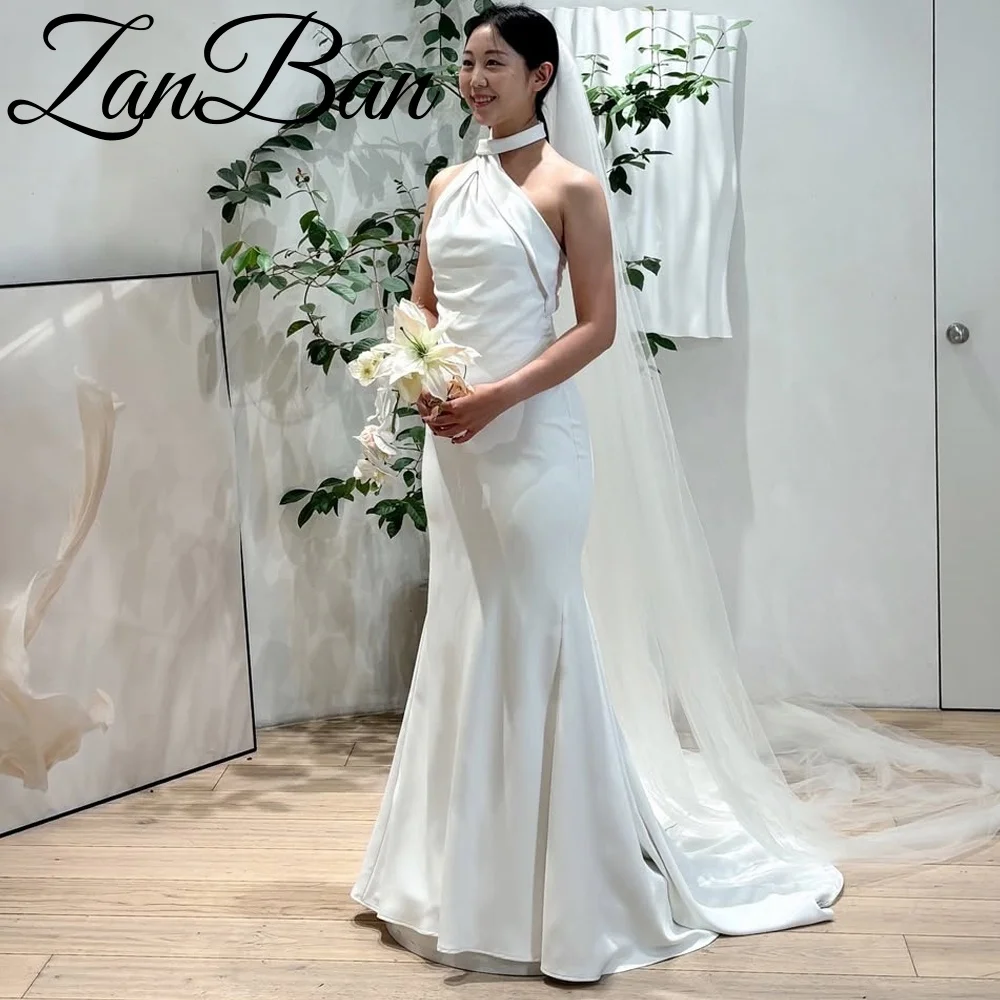 ZanBan Elegant Satin Cross-neck collar Wedding Dress Mermaid Trumpet Floor-Length Sweep Train Pleat Design 2026 New Customized