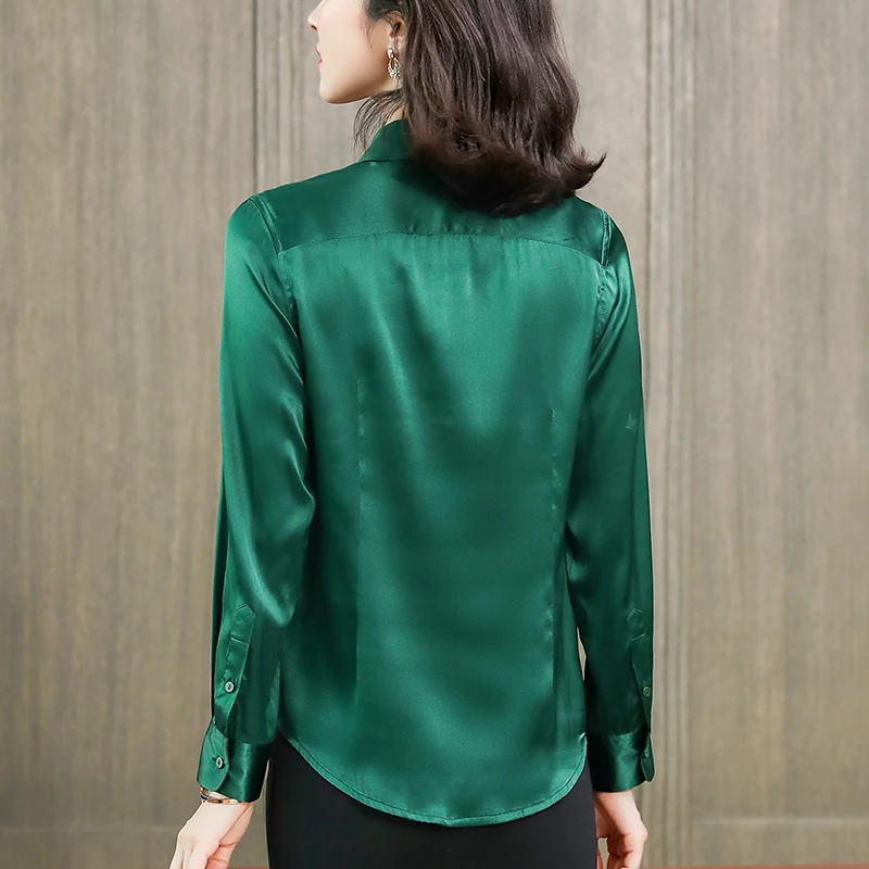 

Элегантные офисные блузки для женщин: рубашки с отложным воротником, длинным рукавом, однотонные, из натурального шелка и атласа