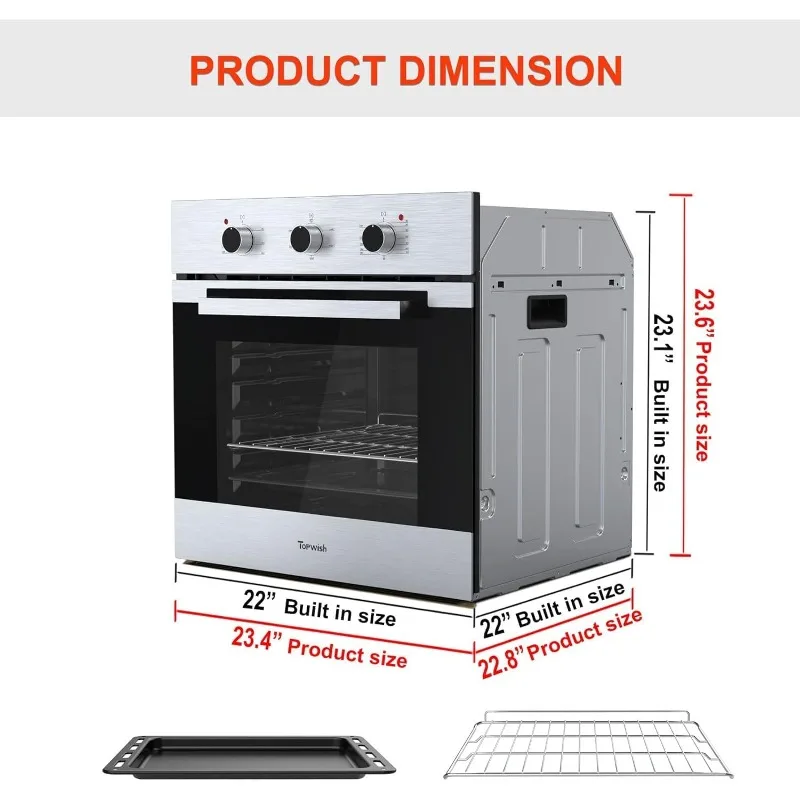 Horno de pared simple de 24", 2,3 pies cúbicos. Horno eléctrico de pared incorporado, 5 funciones de cocción, parrilla para hornear asado, control de perillas mecánicas