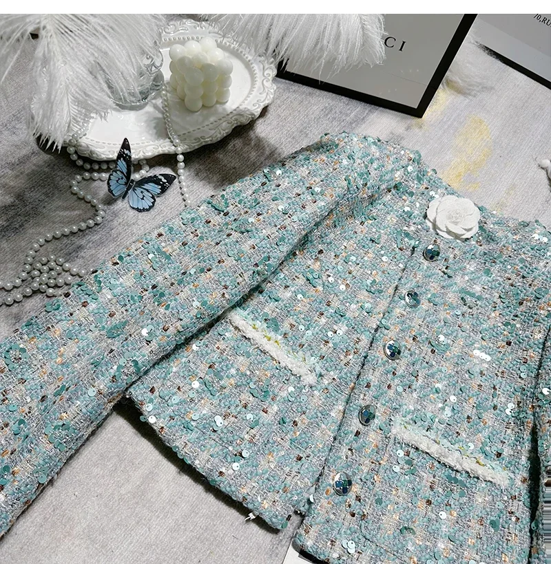 Veste courte en laine diamantée pour femme, cardigan à carreaux en tweed, veste de bureau, tempérament, N64.Diamond