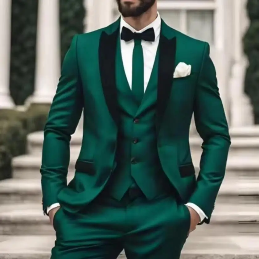 

New Classic Green Men Suits for Wedding Slim 3 Piece Jacket Pants Vest Full Sets Single Breasted Peak Lapel Male Suit Terno 2026