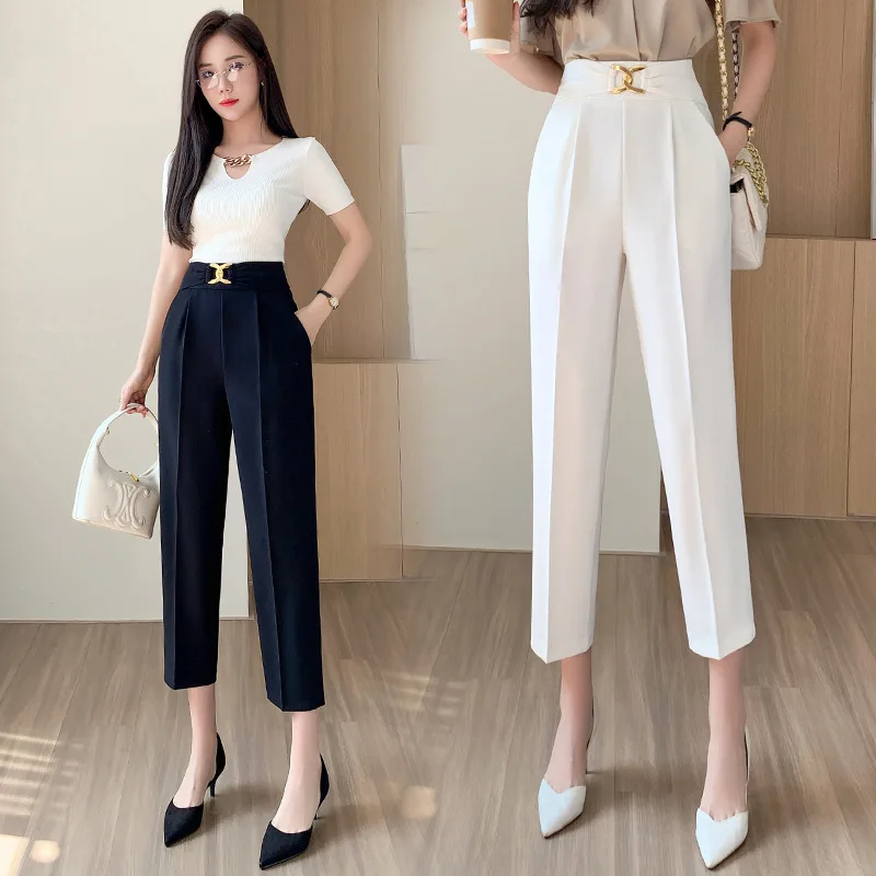 Real Shot High Waist Suit Pants Female 2023 New Small Cropped Suit Pants Female Loose Slimming Casual Cigarette Pants