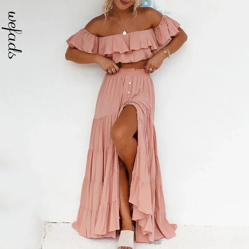 Wefads 2 Piece Set Women Elegant Summer Casual Solid Off Shoulder Ruffled Sleeve High Waist Backless Top Loose Skirts Sets