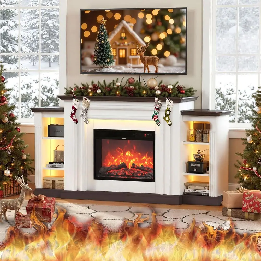 Electric Fireplace Mantel TV Stand or Living Room | Large Entertainment Center with Open Storage Shelves for 80 TV, LED Ambient