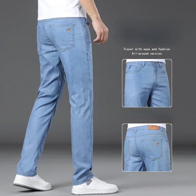 Pantalones vaqueros sueltos finos de pierna recta para hombre, estilo clásico, pantalones holgados elásticos avanzados, talla grande 40, verano