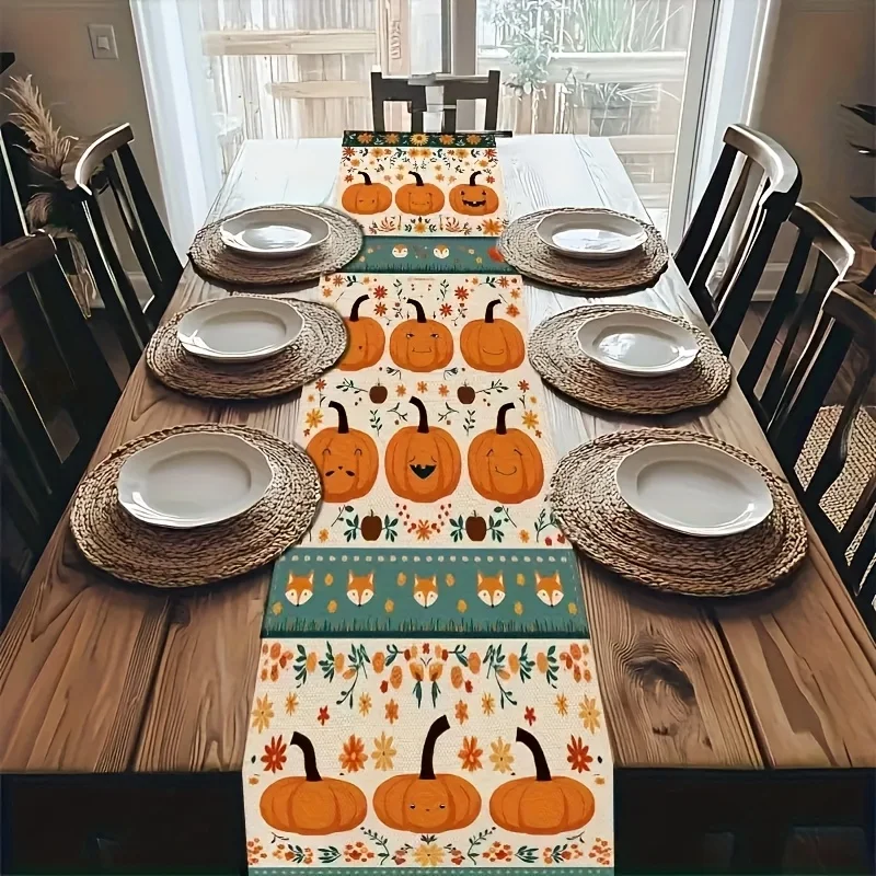 1Pc Halloween Table Decoration - Autumn Thanksgiving Theme Pumpkin, Fox and Floral Pattern Orange, Green, Brown Autumn Tone, Suitable for Restaurants, Homes, Dinners, Art Exhibitions.