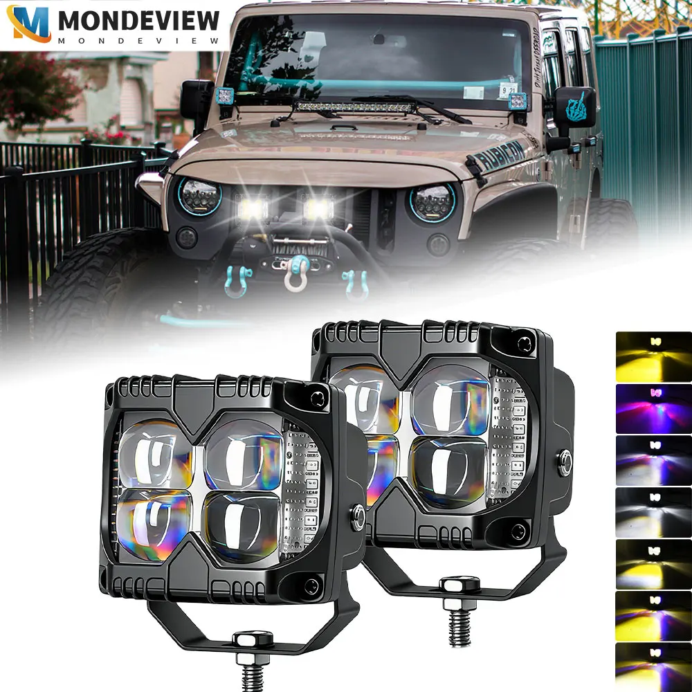 

MONDEVIEW 3-inch three sided flashing work light 6000K 400W 150000LM high brightness spotlight suitable for motorcycle jeep SUV