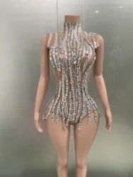 Sparkly Rhinestone chain  Bodysuit Women Sexy Transparent Sleeveless Nightclub Team Performance Costume Show Stage Wear