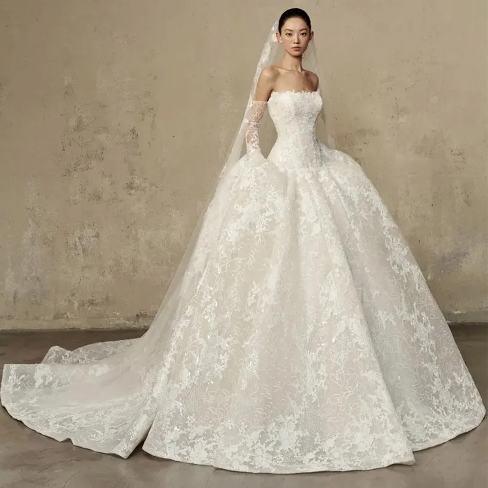 

Customized Exquisite Organza Vestido De Novia Delicate Appliques Lace Robe de mariée Romantic A-Line Strapless Wedding Dress
