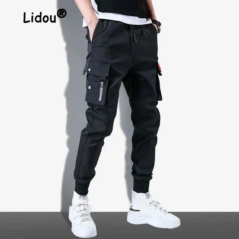 

Spring Summer Solid Color Casual Men's Multiple Pockets Cargo Pants Classic Thin Korean Trend Waist Drawstring Male Trousers