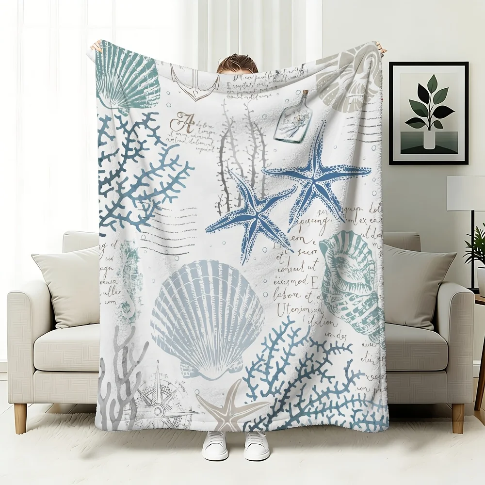Vintage Ocean Beach Blanket Blue Grey Seashell Starfish Coral Nautical Pattern Flannel Throw Blanket  Coastal Farmhouse Decor