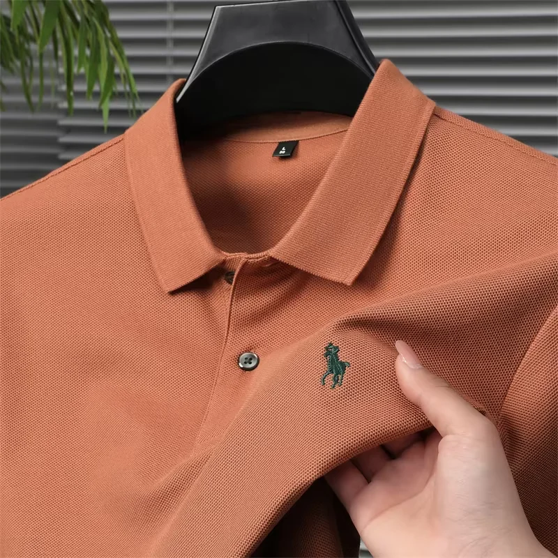High end 100% cotton men's short sleeve solid color polo shirt light luxury brand embroidered business casual summer New T-shirt image 4