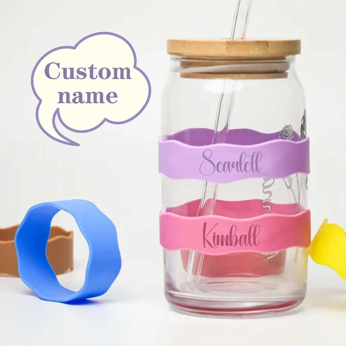 Custom Name Silicone Cup Band Sleeve Soft Stretch Anti-Scratch Tumbler Grip Cover Colorful Water Bottle Decor Strap Custom Gift