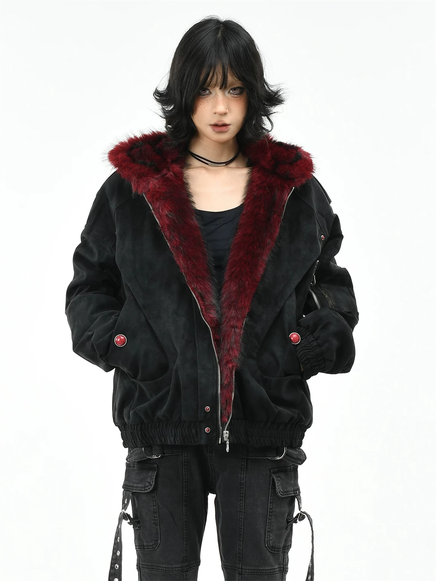 Y2K Gothic Wine Red Faux Fur Trim Hooded Bomber Jacket Women Oversized Zip Up Flap Pockets Fall Winter Streetwear Outerwear