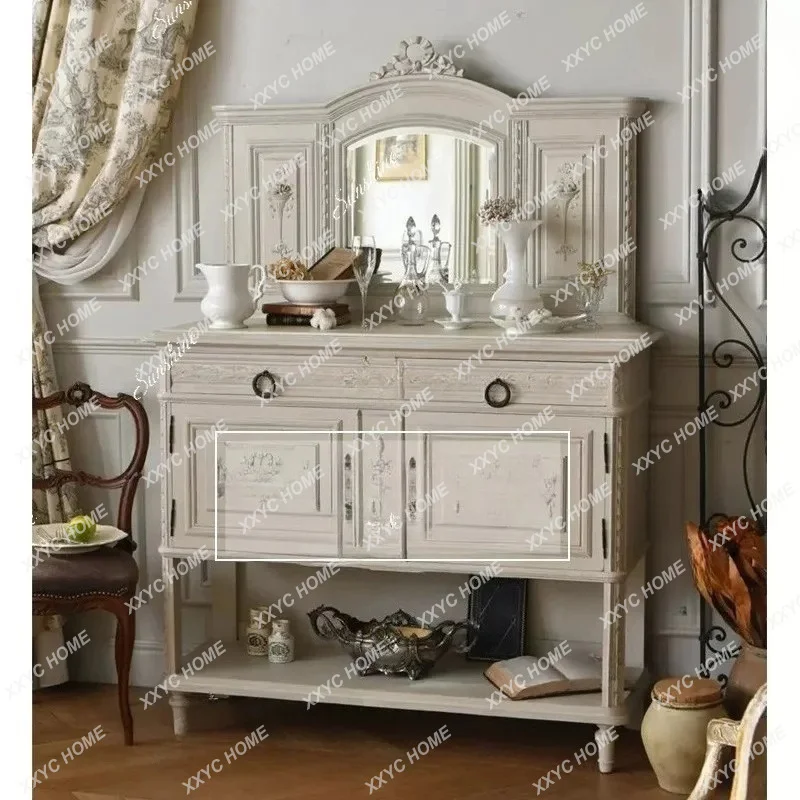 Xretro old white side cabinet solid wood carving flower living room against the wall