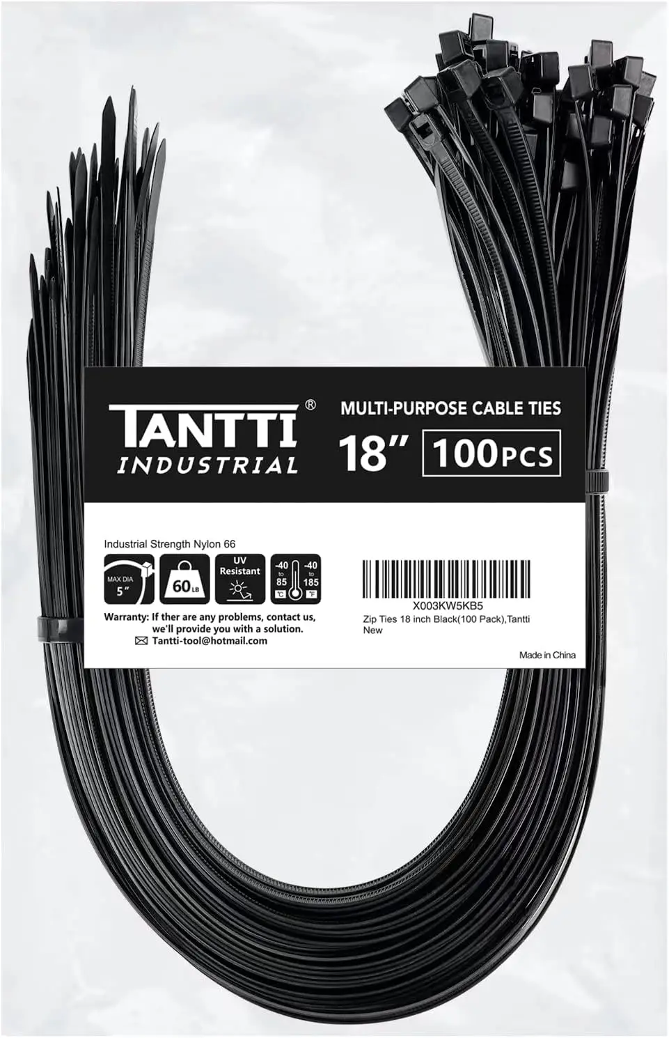 

18-Inch Black Zip Ties, 100 Pack, 60lb Tensile Strength, UV Resistant for Indoor and Outdoor Use