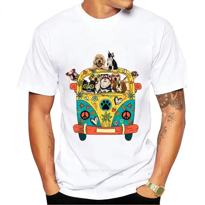 

Peace Love Dogs Hippie Van Bus Car TShirt New Summer Men Short Sleeve Funny Hip Hop Boy Casual Tops Vintage Male White Tees