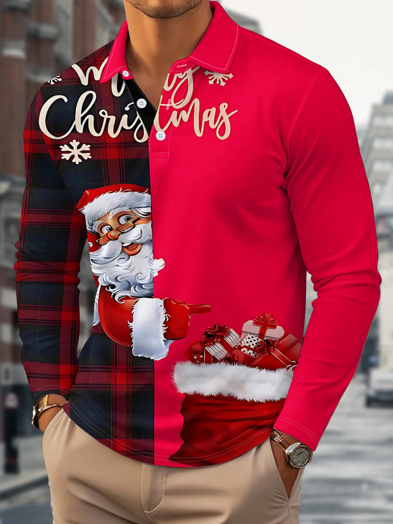Men's Holiday Themed Long Sleeve Polo Shirt, Christmas Print Collection, Ideal for Festive Gatherings and Special Occasions