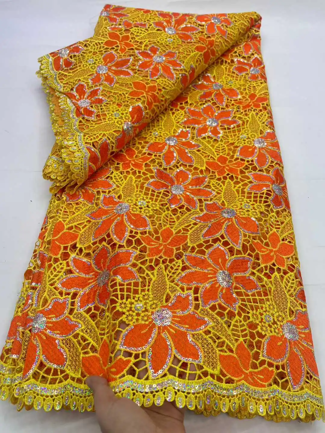 

2026 High Quality African Water Soluble Lace Fabric Nigerian Sequins Guipure Cord Lace for Women Wedding Dresses Sewing 5Yards