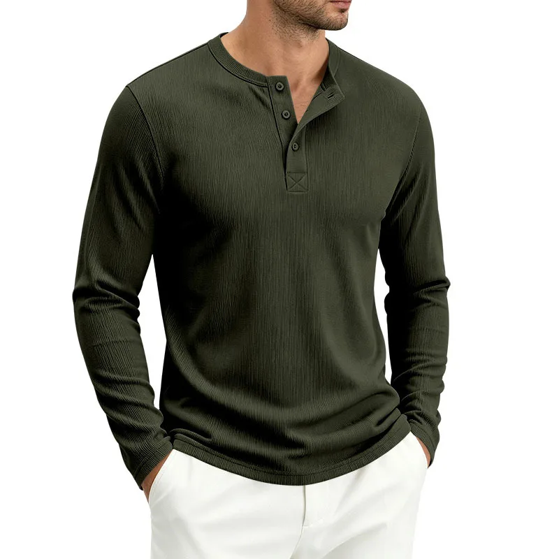 Spring Autum Men Vertical Ribbed Texture Henley Long Sleeve T Shirt 3 Buttons Notch Neck Stretch Soft Solid Daily Casual Tops