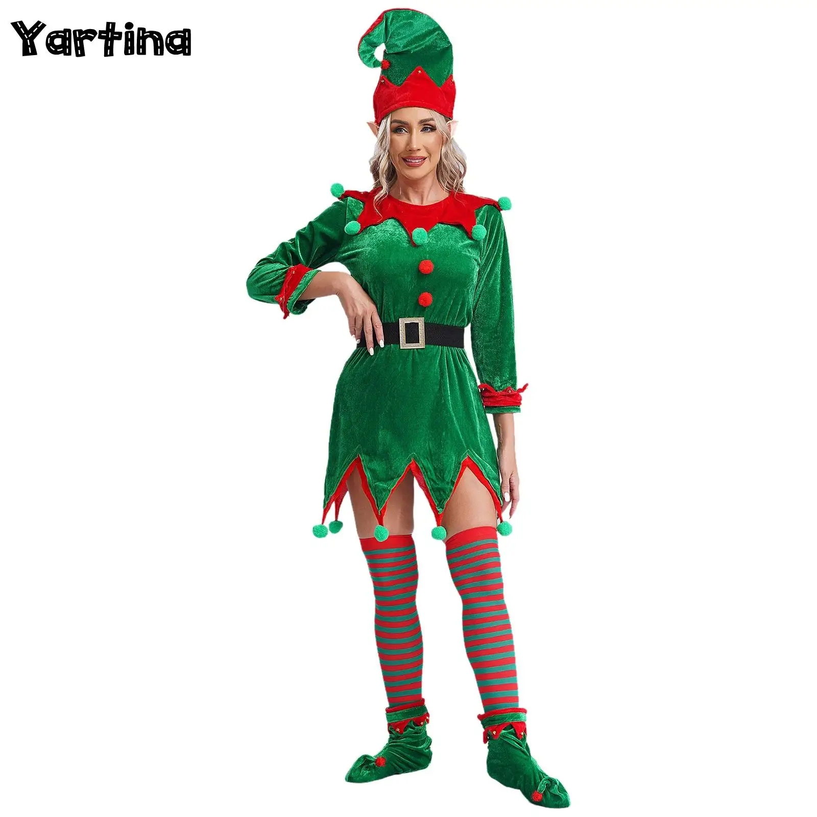 Womens Adult Xmas Hat Fairy New Year Dress Ears Bells Pompoms Miss Santas Clasu Fairy Christmas Elf Cosplay Costume Accessories