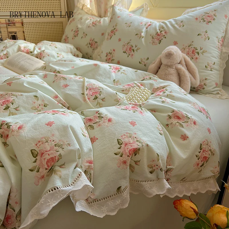 Washed Cotton Duvet Cover Sets Single/Queen/king Flower Printed Bedding Princess Set Style E Housse De Couette 220x240 with Lace