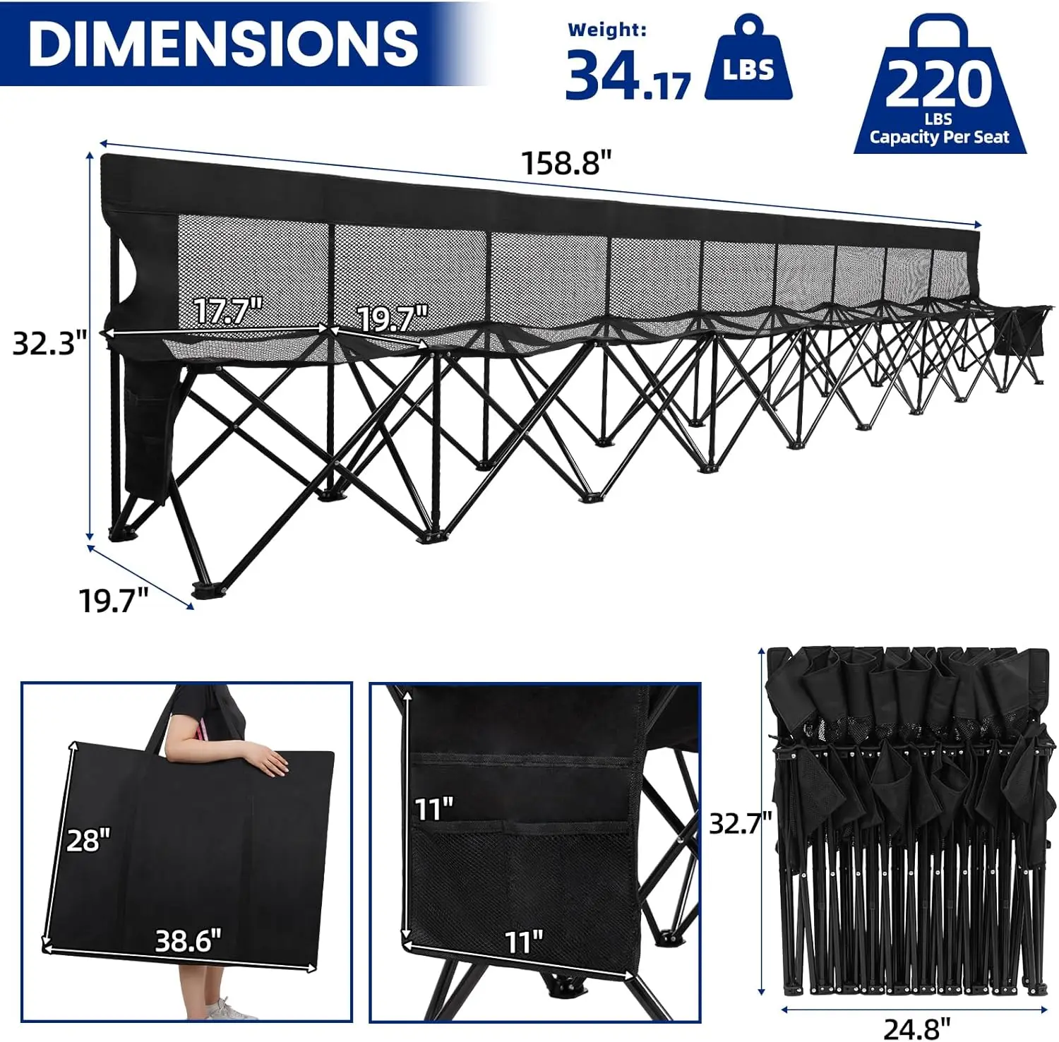 Folding Team Bench for Soccer Events - Black, Portable, 9 Seats, Mesh Seat and Back with Bag, Breathable