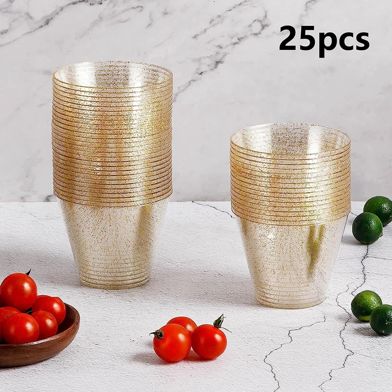 25Pcs Disposable Glitter Plastic Cups 9 Oz Clear Plastic Cups Tumblers Fancy Hard Cups Tableware For Wedding Party Events