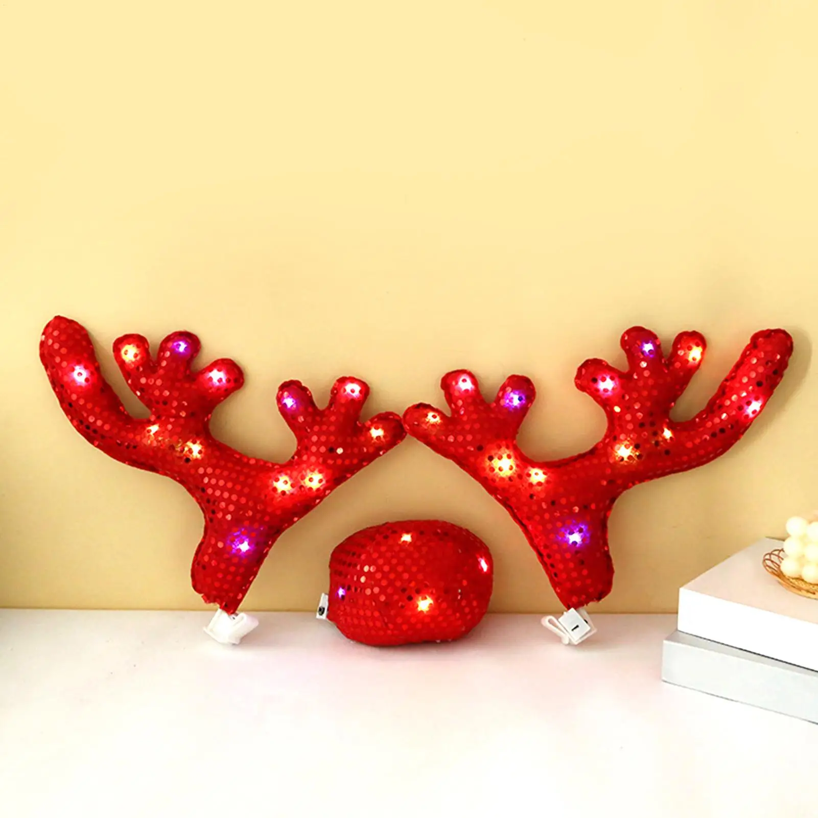 Car Reindeer Antlers With LED Lights Christmas Car Decoration Deer Horn Antlers Car Kit with Red Nose and Tail for Holiday Gift