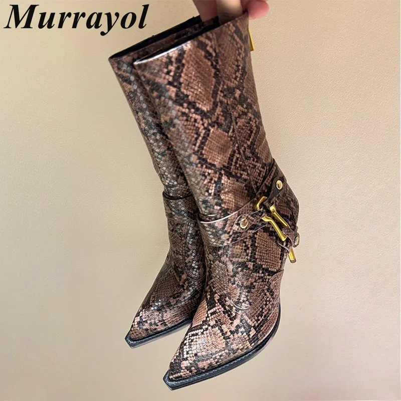 Short Boots Autumn Snakeskin Pattern Genuine Leather Metal Decor Zipper Design Botas Mujer Women Pointed Toe Mid Calf Booties