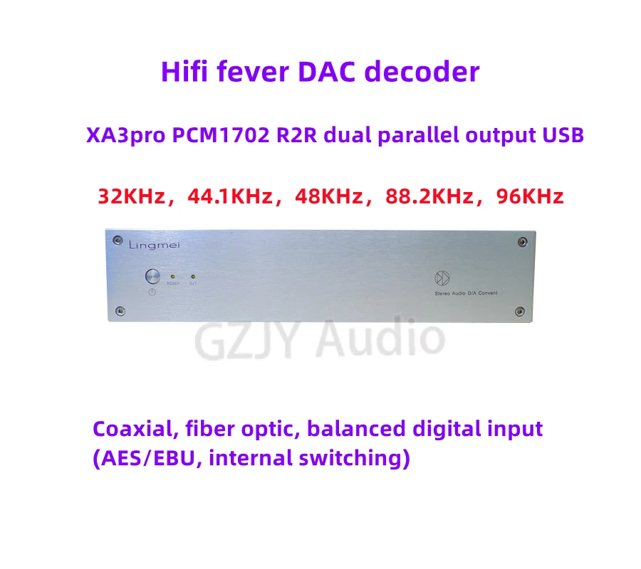 

XA3PRO PCM1702*4 R2R Dual Parallel Output USB, Hifi DAC Decoder,Coaxial, Fiber Optic, Balanced Digital Input (AES/EBU)96KHz