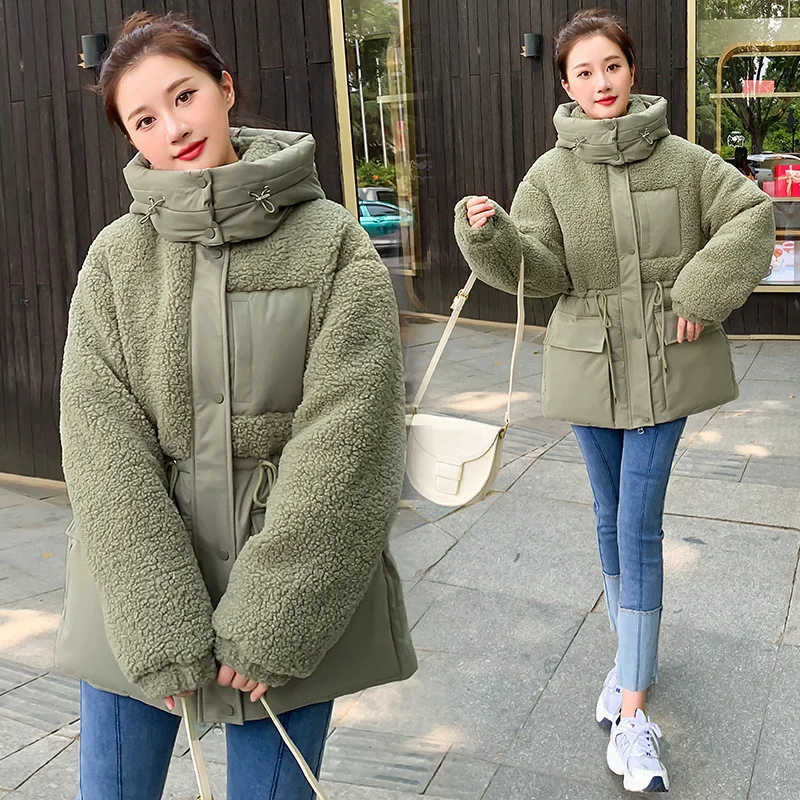 Women Lamb Wool Splice Thicken Warm Coats 2024 Winter Jacket Female Loose Down Cotton Coat Womens Hooded Puffer Parkas Snow Wear