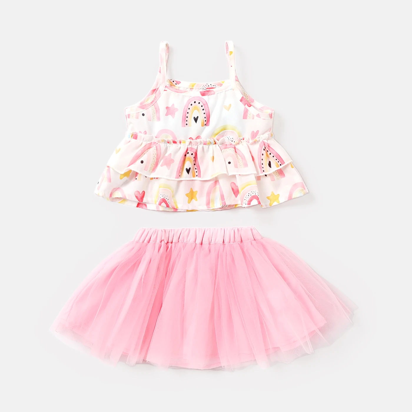 

PatPat 2pcs Baby Girl Allover Rainbow Print Layered Ruffled Cami Top and Mesh Tutu Skirt Set