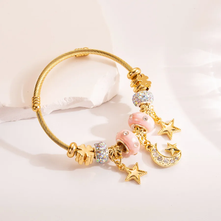 Leabyl-pulsera abierta de acero inoxidable, brazalete con dije de luna y estrella, corazón de oso bonito, Color dorado, a la moda