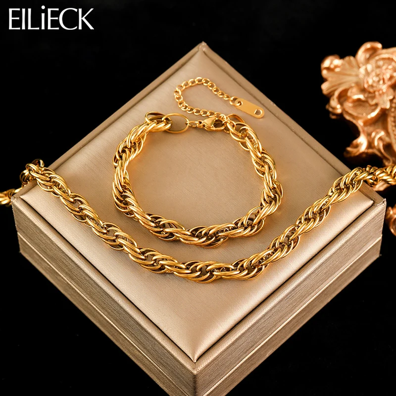 Eilieck 316l aço inoxidável metal cor de ouro torção correntes grossas neckalces pulseira conjunto para mulheres nova moda jóias colar presente