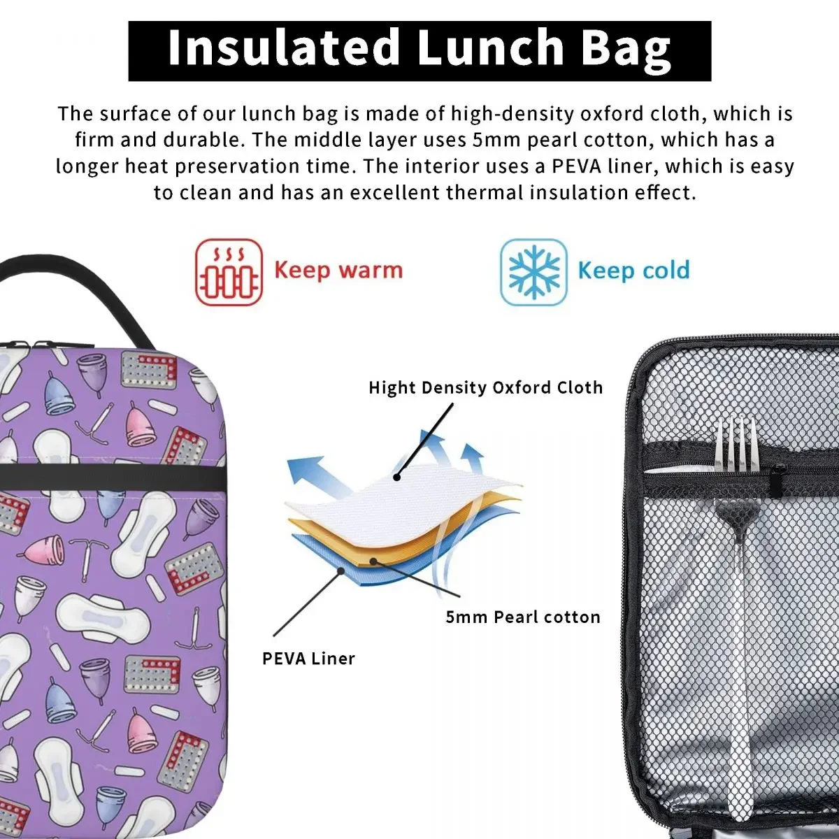 Period Protection, PMS Ready In Purple Insulated Lunch Bag for Women Kids Leakproof Food Boxes Thermal Lunch Box Tote
