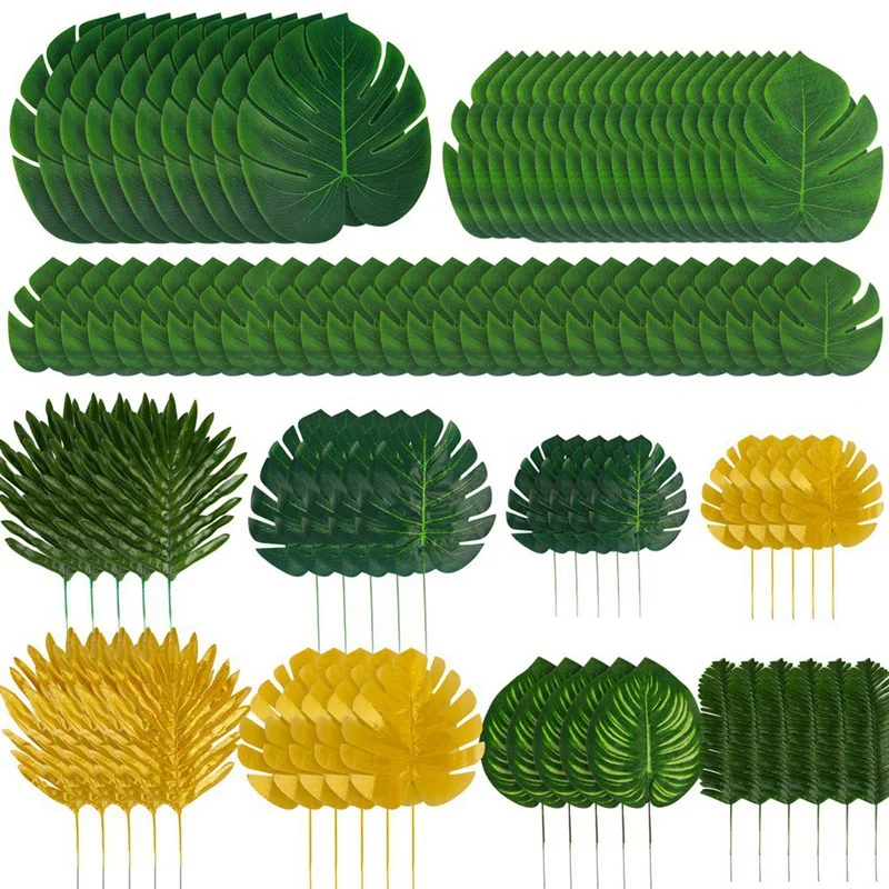 95PCS Palm Leaves Golden Tropical Leaves With Stems Fake Leaf Plant For Hawaiian Party Beach Table Leaves Decorations