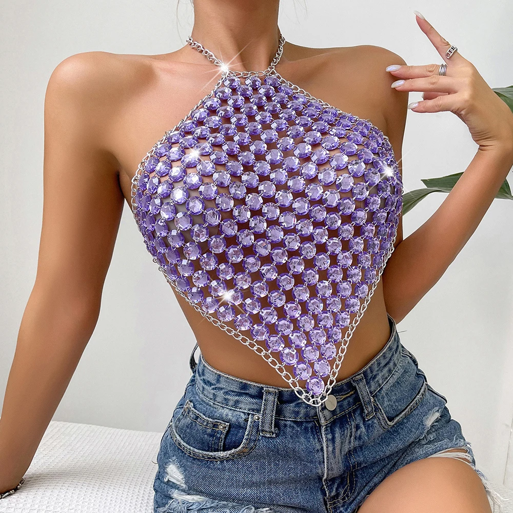 Sexy Hollow Out Acrylic Gems Backless Crop Tank Tops for Women Sparkly Outfit Glitter Purple Bra Tops Club Festival Beach Party