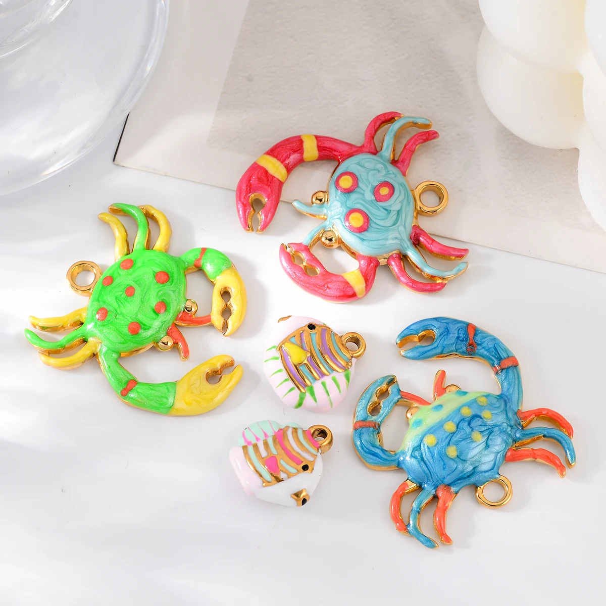 4Pcs Fashion Stainless Steel Enamel Crab Fish Charms Cute Marine Creatures Necklace Pendants Women DIY Jewelry Accessories
