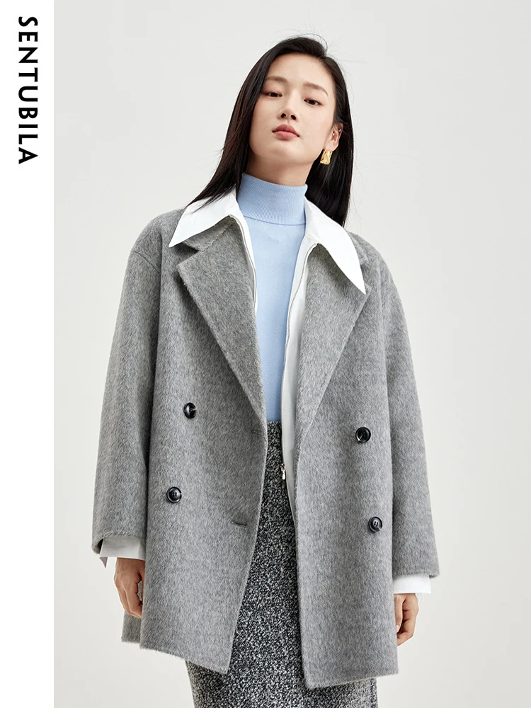 

SENTUBILA Autumn Winter Wool Double Sided Woolen Coat Women 2024 Mid Length Notched Collar Woolen Jacket Warm Overcoat W34O50047